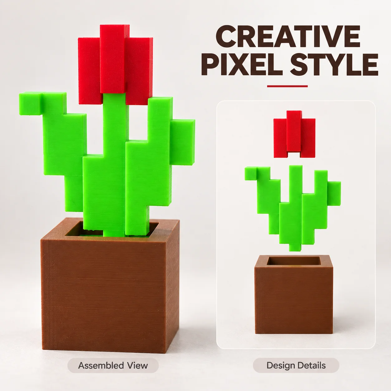 3D Printed Tulip Pixel Flower Ornament Block Style Potted Plant Plastic Desktop Decor for Home Office Bedside Shelf