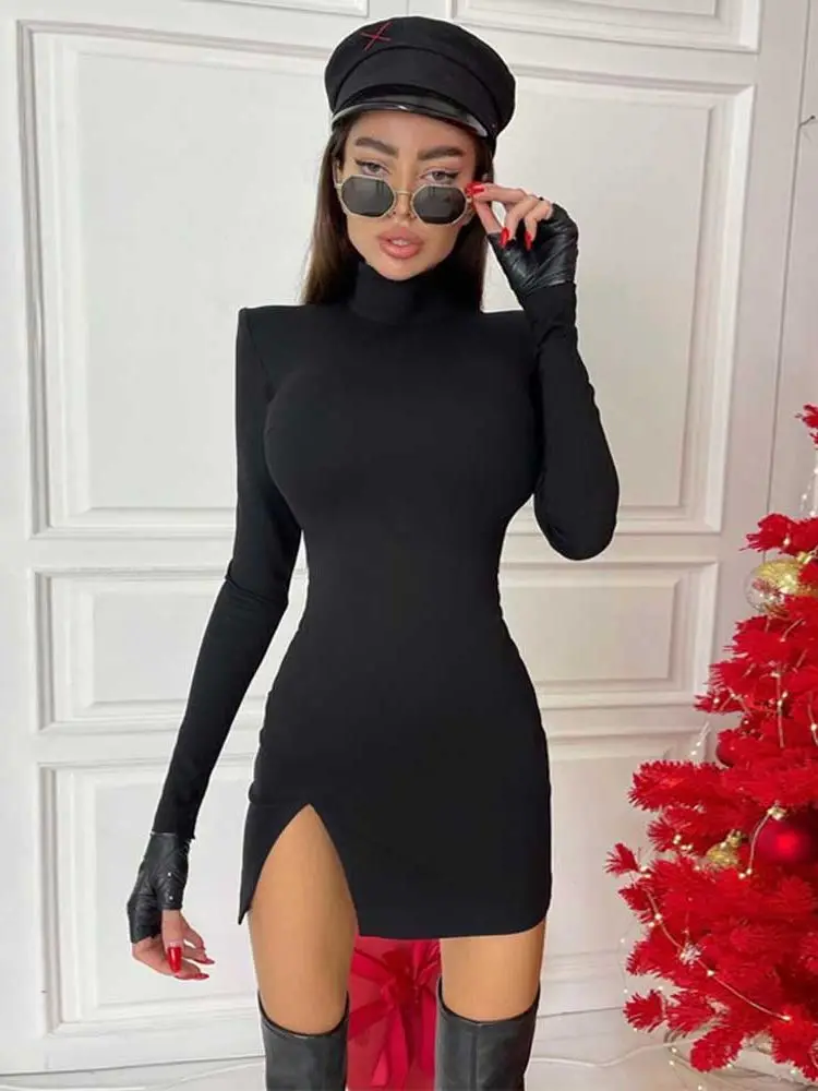 Women Spring Autumn Long Sleeve Bodycon Soild Color Black Slim Package Hip Mini Dress 2022 Female Clothing Streetwear