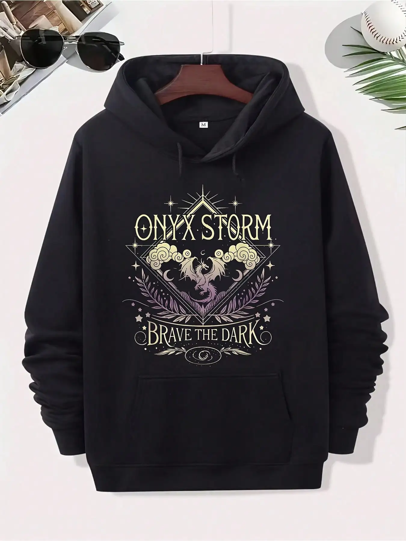 Men's Gothic Fantasy Pattern Hoodie - Obsidian Storm Brave Dark Fourth Wing - Black Gold Dragon And Obsidian Design - Medium Stretch Pullover, Suitable For Casual, Sports, And Outdoor Wear - All-Season Streetwear - Machine Washable Men's Dark Fantasy
