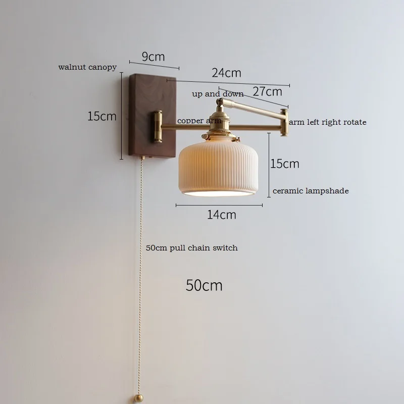 IWHD Pull Chain Switch LED Wall Lamp Beside Bedroom Living Room Light Arm Left Right Totate Wood Canopy Applique Murale Sconce