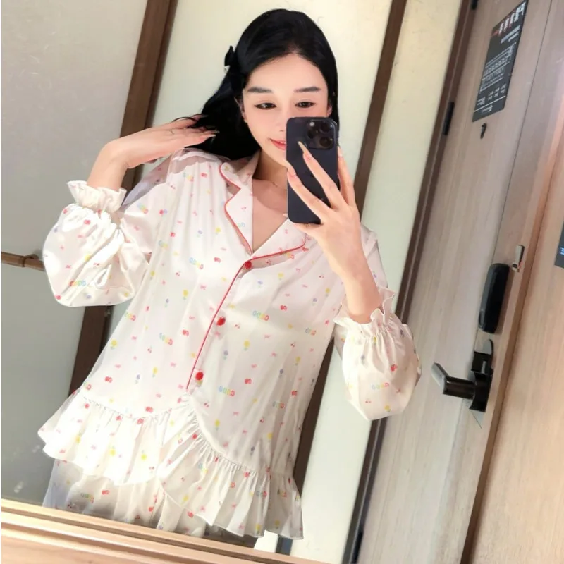2025 Autumn Winter Soft Tender Ice Silk Pajamas Women Two Piece Set Smooth Sweet Girly Long Sleeve Pants Nightgown Sleepwear