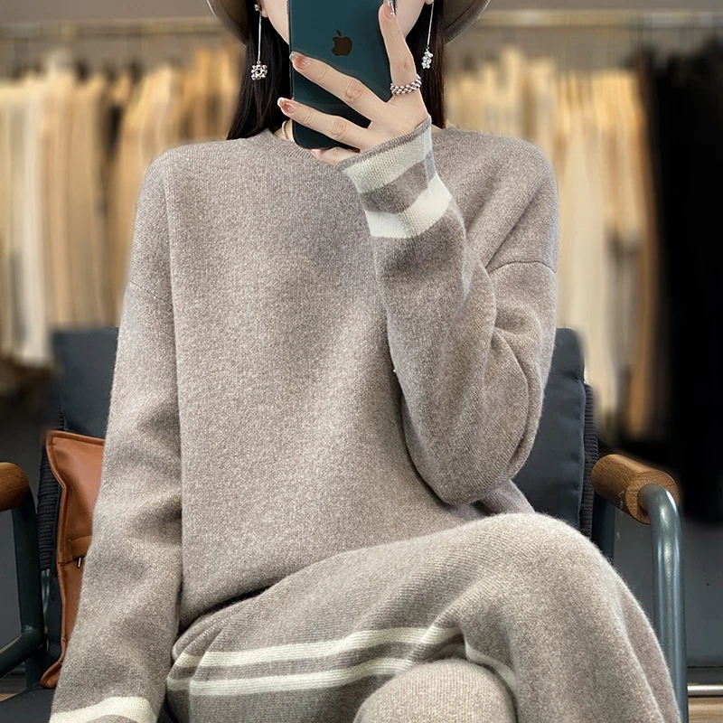 New autumn and winter 100% pure wool knitting suit female O-neck pullover loose casual sweater wide-leg pants two-piece suit