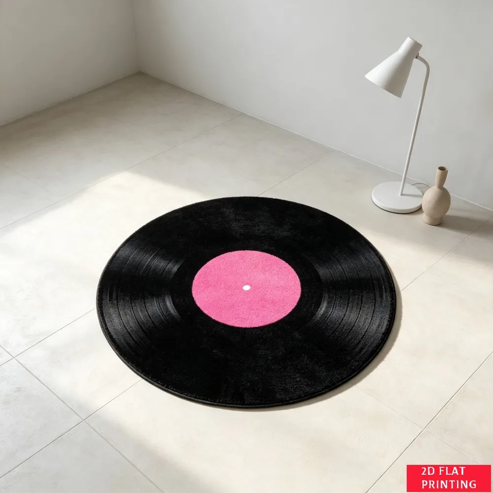 Retro Vinyl Record Pink Label Black Disc Round Carpet For Music Themed Room Or Studio With Groove Texture Printed Carpet Look