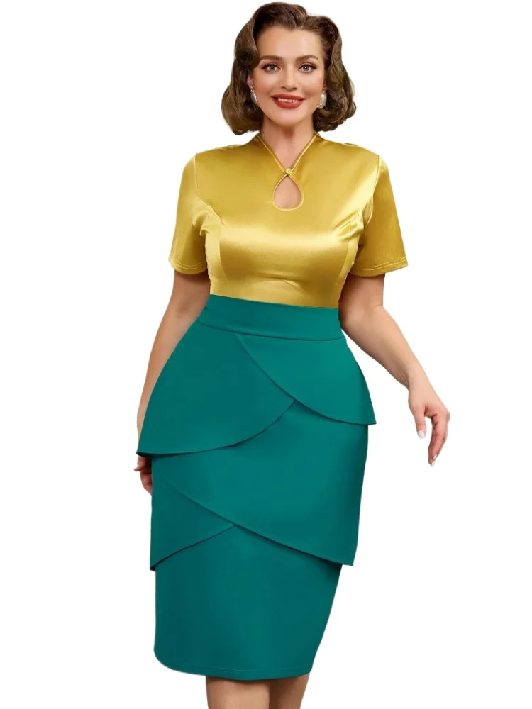 

2025 Two Piece Set Plus Size Clothes Summer Autumn V-Neck Short Sleeve Top And Midi Skirt Women Sets Streetwear Office Lady Suit