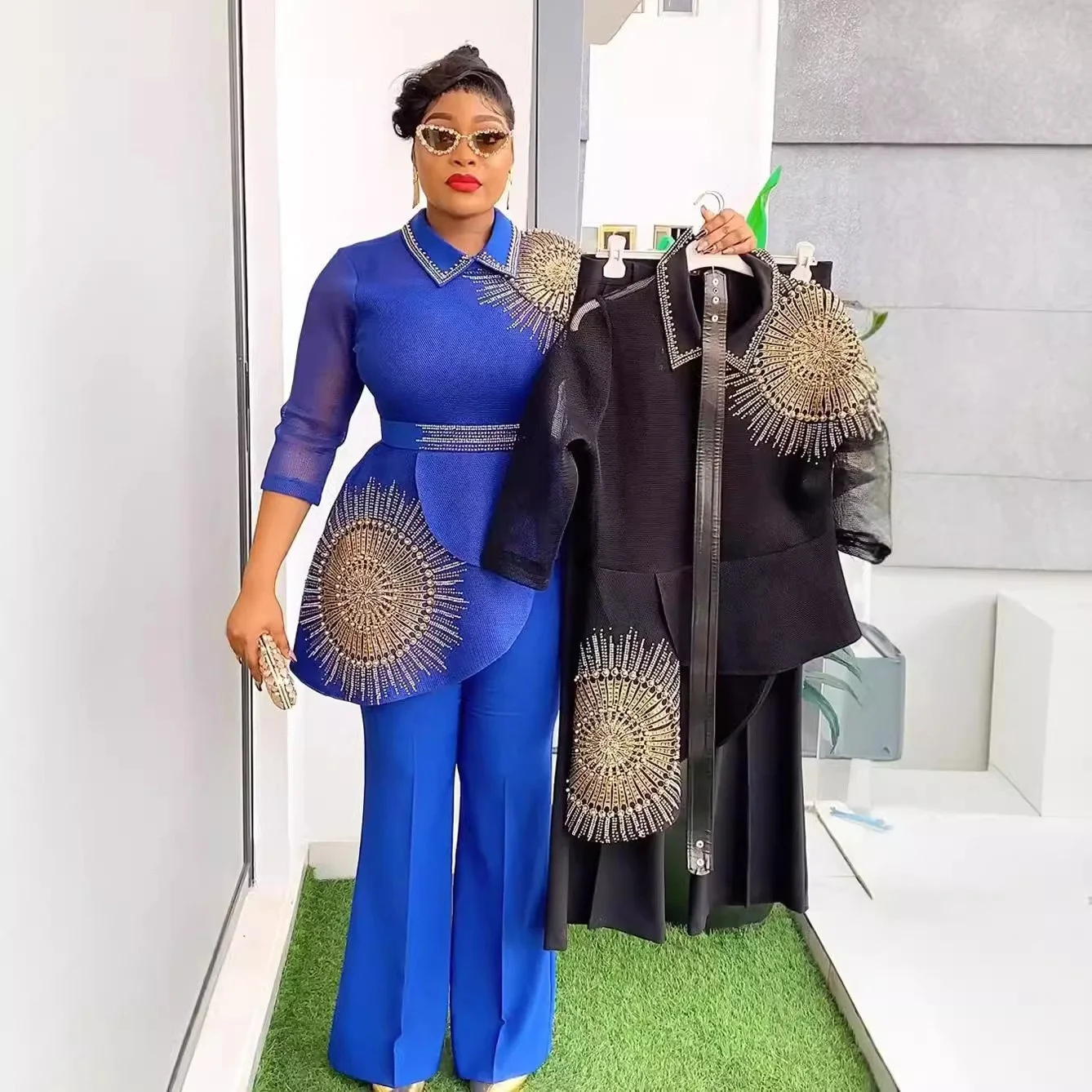 

Modest Elegant Pants Set Luxury Beaded Diamond Stand Collar Shirt With Trousers Two Pieces Clothes Suit for Women K0649