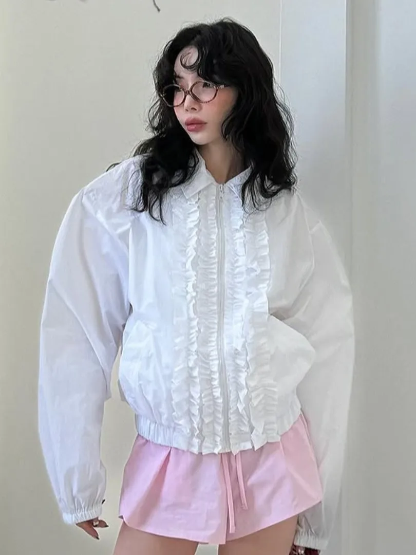 Korean Style Decorative Shirt Jacket Women's Spring New Loose Versatile Zipper Top Wooden  Trim Fashionable Commute Wind