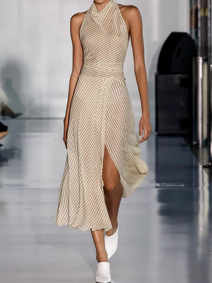 

2025 New Ladies Striped High Slit Dress Swinging Collar Sleeveless Elegant Chiffon Robe