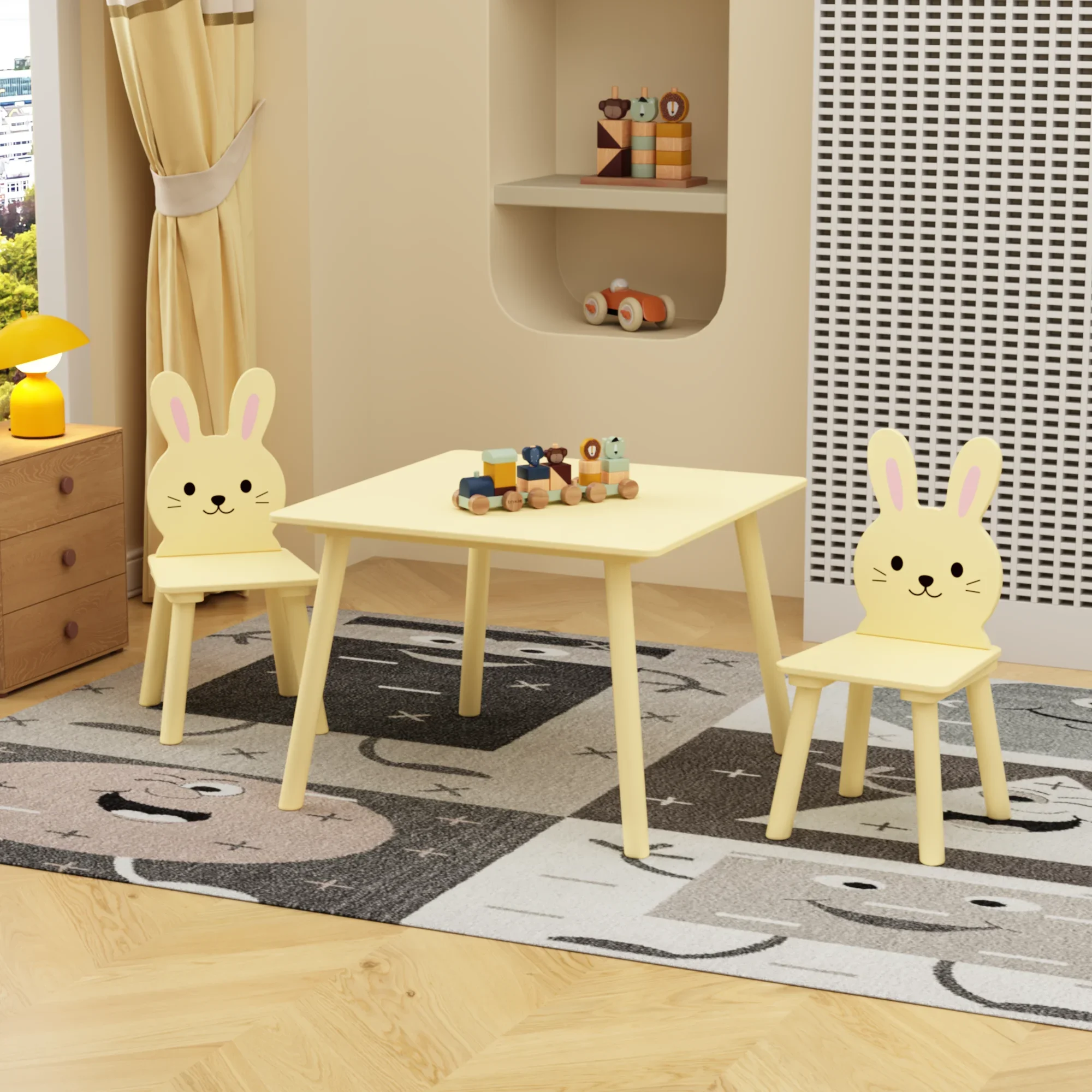 

Kids Table and Chair Set with 2 Bunny Chairs, Children's Wooden Activity Table for Toddlers, Cute Animal Design Study Play Set f