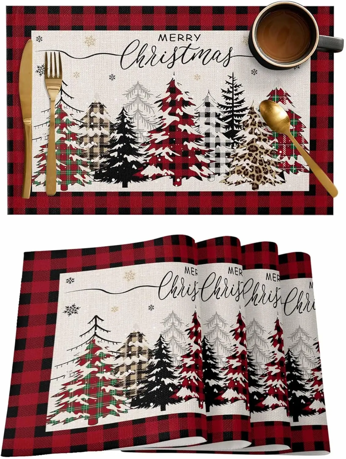 

Christmas Red Plaid Tree Snowflake Table Mats for Kitchen Dining Decor Washable Winter Holiday Placemats Christmas Decorations
