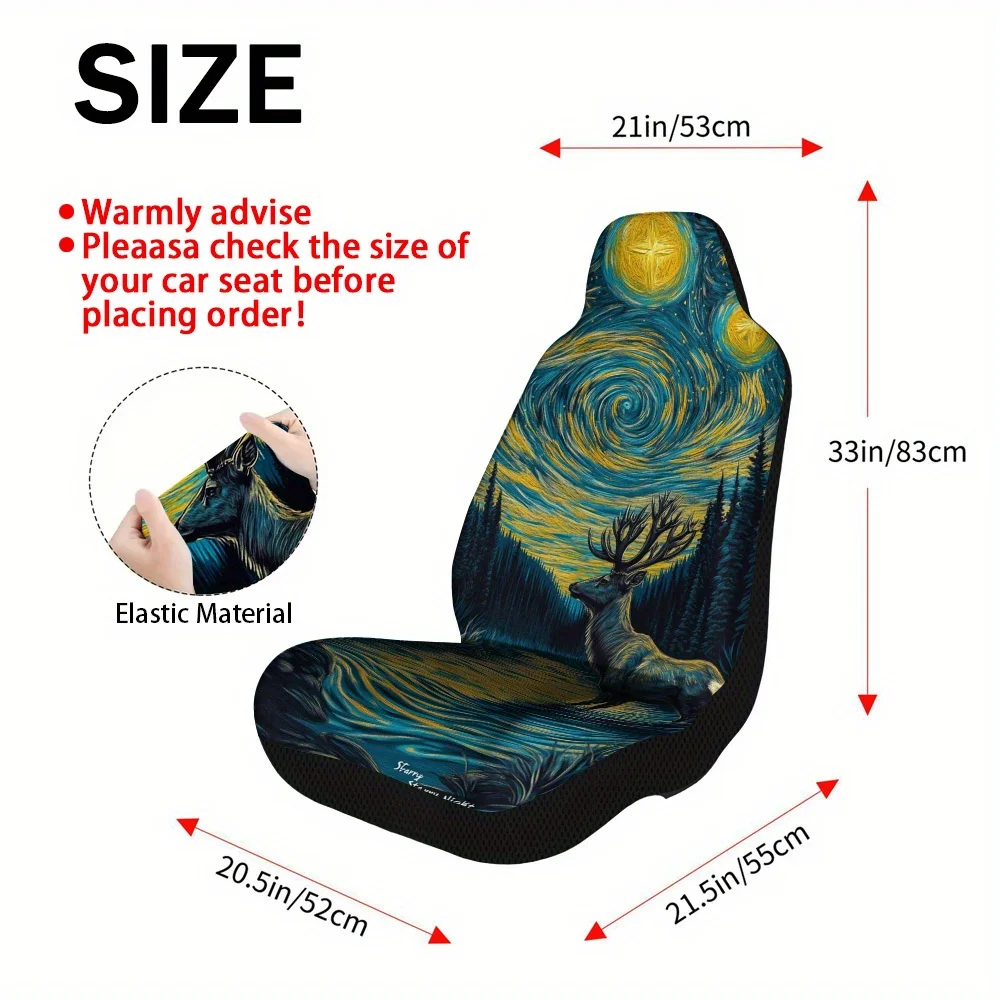 2pcs Starry Night Elk Car Seat Covers, Universal Fit For Front Seats, Durable Material For Men And Women, Providing Maximum Comf