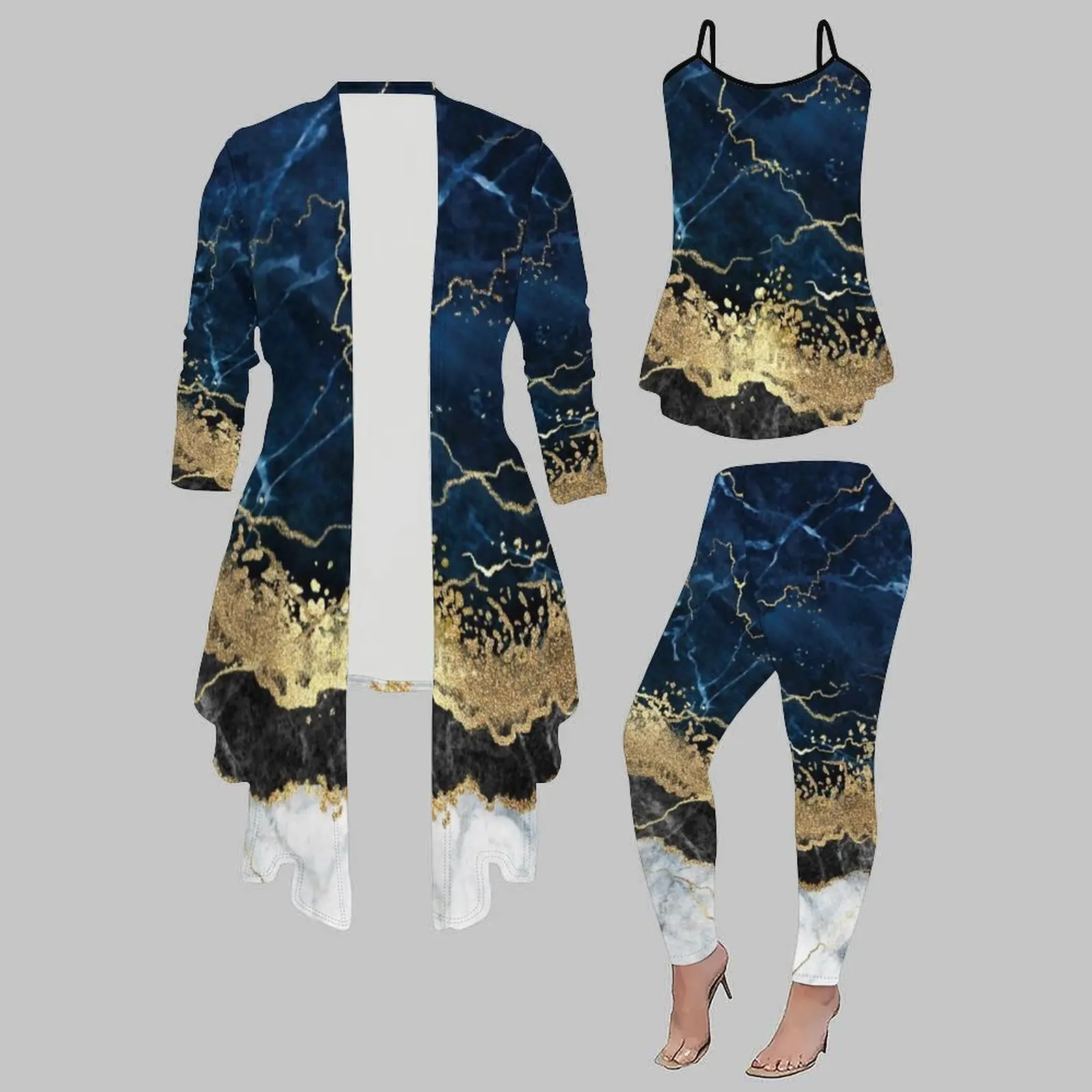 Winter Elegant Tight Pants Daily Street Casua Set Autumn Women's Printed Coat Sexy Vest Fashion Three Piece Set
