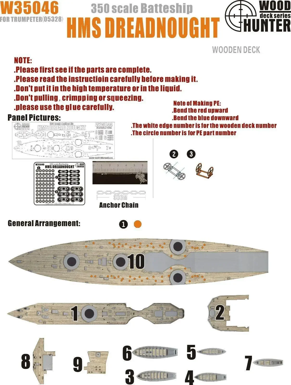 

Hunter 1/350 W35046 Wood deck HMS Dreadnought for Trumpeter Top quality