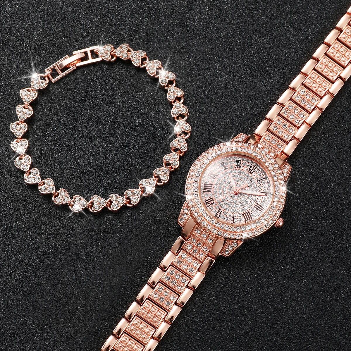 2 Stks/set Dameshorloge Luxe Diamantset Engelse Roségouden Stalen Riemhorloge Love Diamond Armband