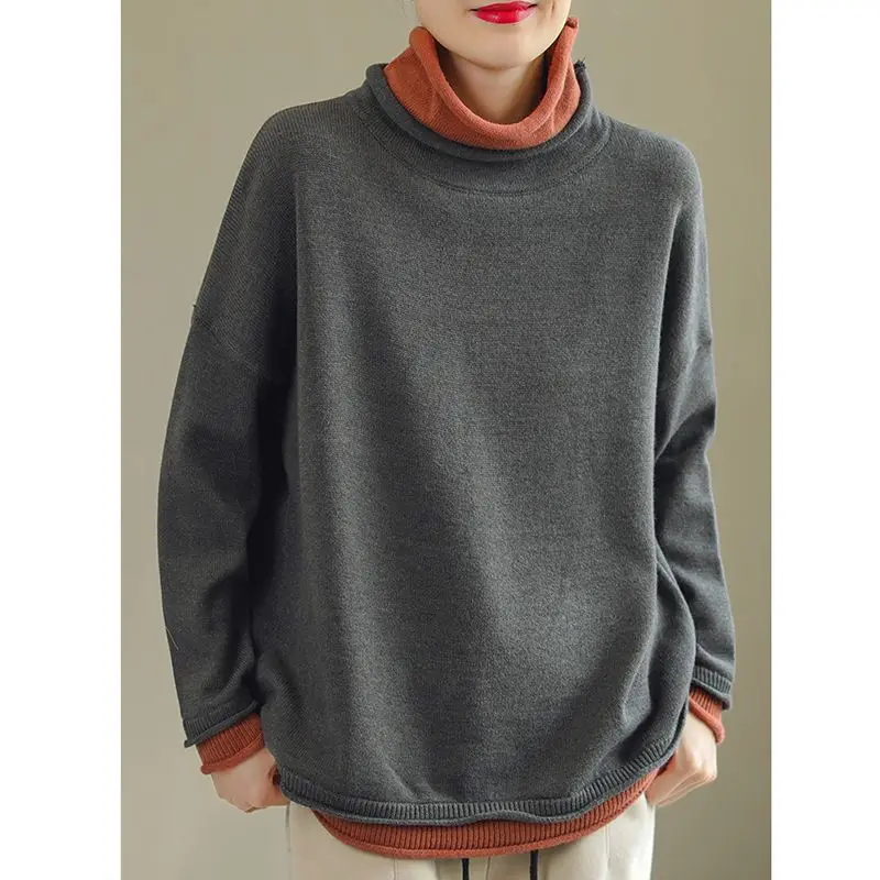 

Fake Two-piece Turtleneck Sweater for Women in Autumn and Winter New Korean Style Loose Fashionable Tops Underwear Base Shirt