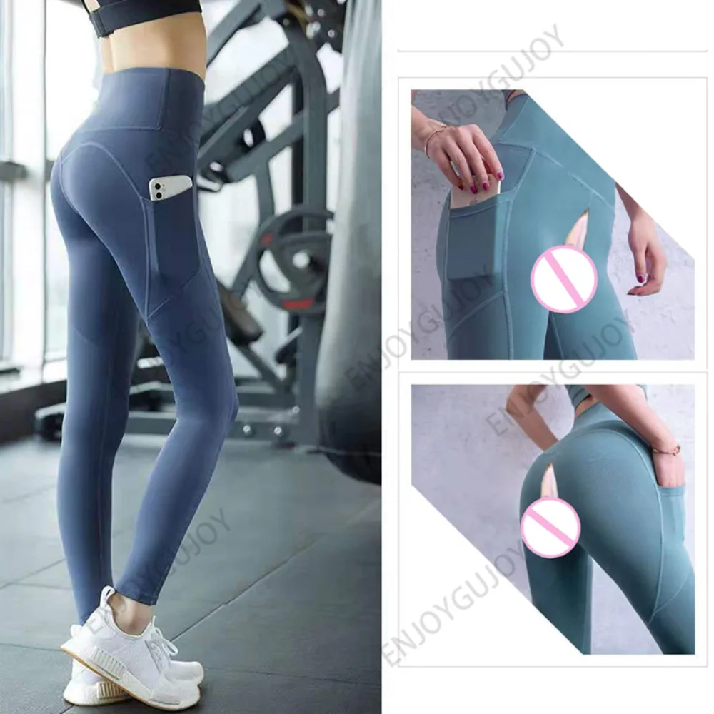 Peach Hip Yoga Leggings, Invisible Open Crotch, Outdoor Sex Hip Lifting, Sports Pants, Pocket, Night Club Jogger, Gym Fitness Tr