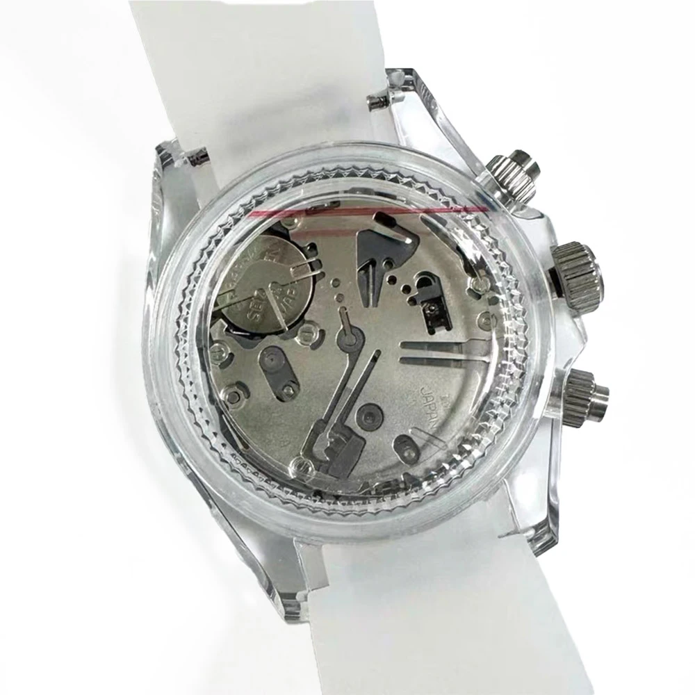 Reloj cronógrafo de 39,3mm para hombre, reloj bloqueado de Color, caja transparente de plástico, cronógrafo VK63, reloj de lujo de cristal, pulsera de goma