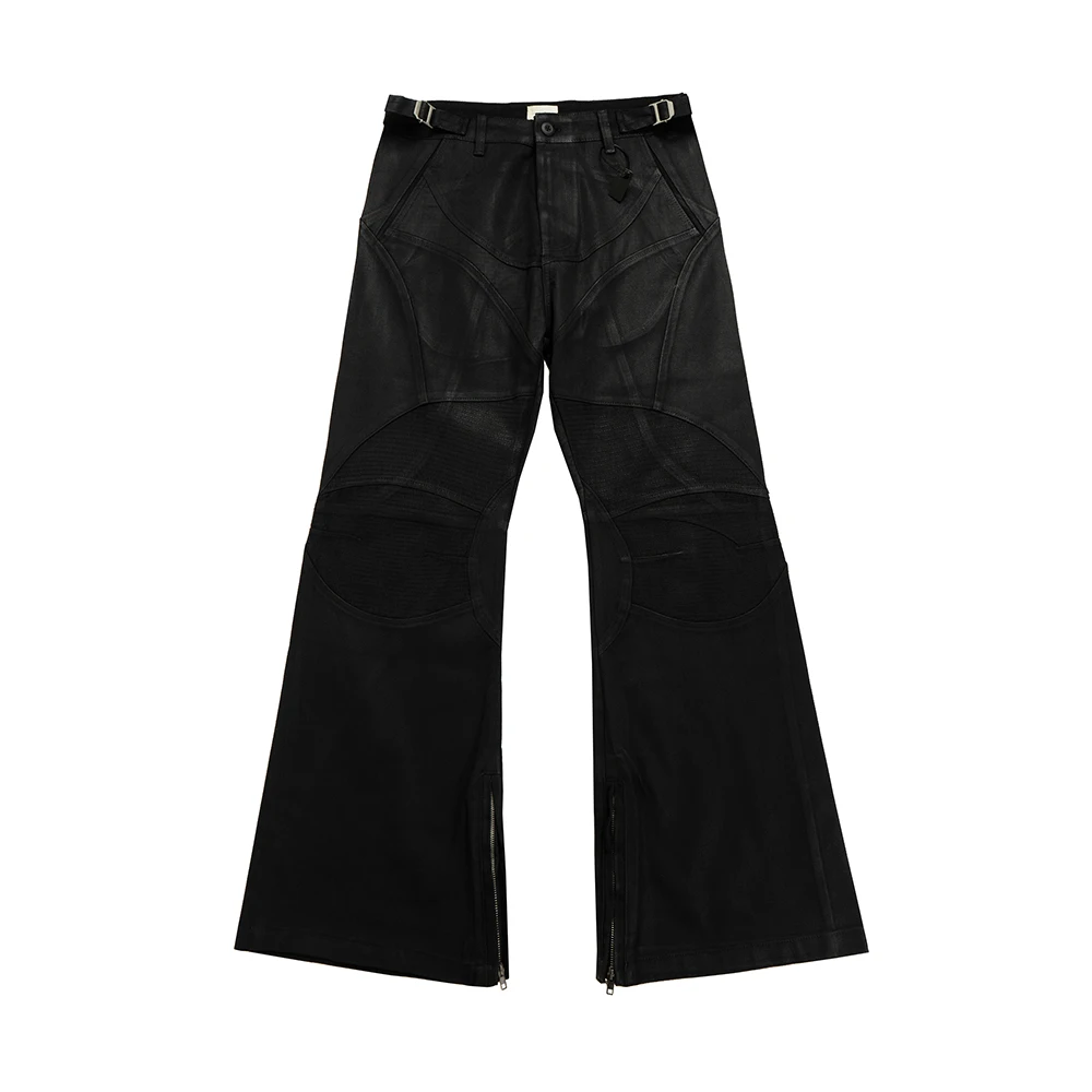 مايكرو نحى الشمع الركبة تجعد دراجة نارية السراويل أسود اللون الشارع الشهير التمهيد قطع مستقيم فضفاض عارضة السراويل المتضخم #6