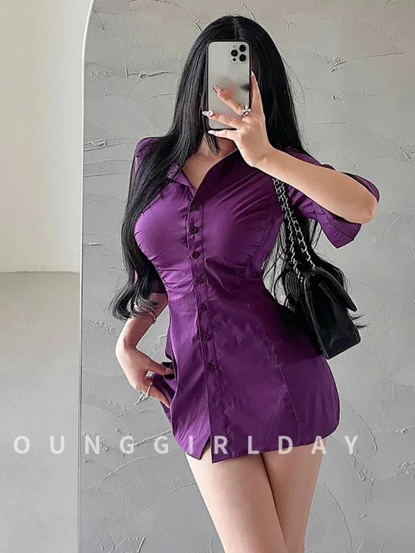 fashion women mini dress single breasted slim slim pleated waist mid sleeved shirt dress short dress elegant KFB2