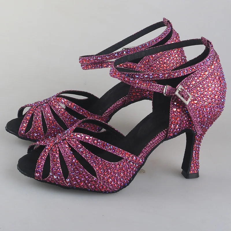 Wedopus Ladies Sparkling Glitter Purple Dancing Latin Sandal Rhinestone High Heel Customized 9CM Shoes for Dance