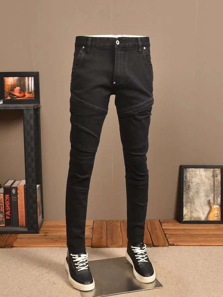 Stitching Black Jeans Men's All-Match Fashionable Slim Fit Skinny Stretch High-End Washed Casual Tight Motorcycle Pants