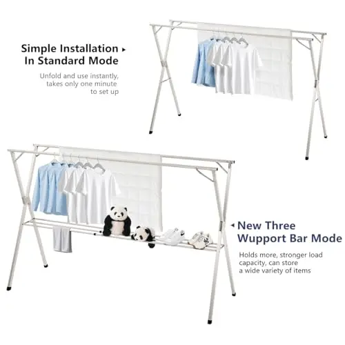 

Stainless Steel Adjustable Foldable Laundry Drying Rack 57.1–95 Inch With 3 Reinforcement Bars And 20 Windproof Hooks For