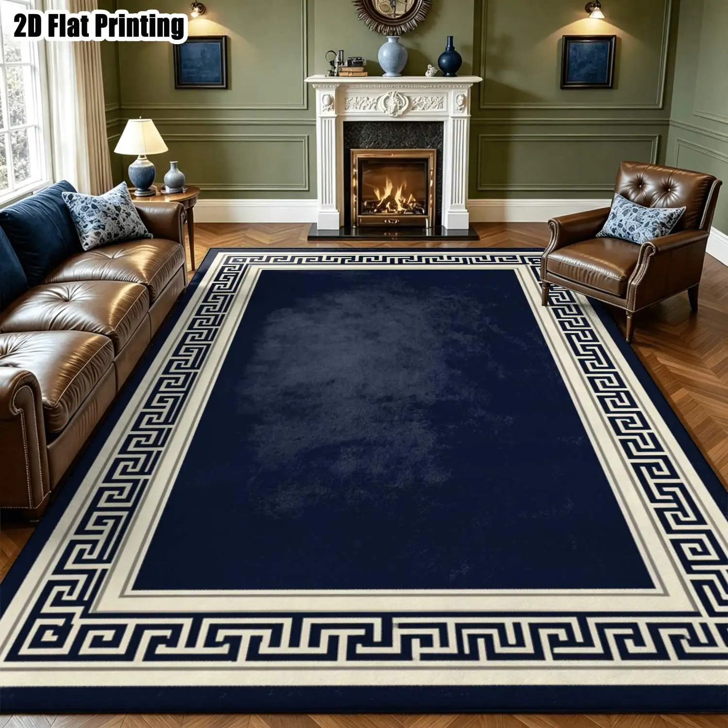 1Pc 2D Printed Navy Blue Geometric Swirl Carpet European Vintage Minimalist Geometric Home Decor Rug, Multi-Size, Machine Washable, for Entryway, Dining, Foyer, Bedroom, Living Room.