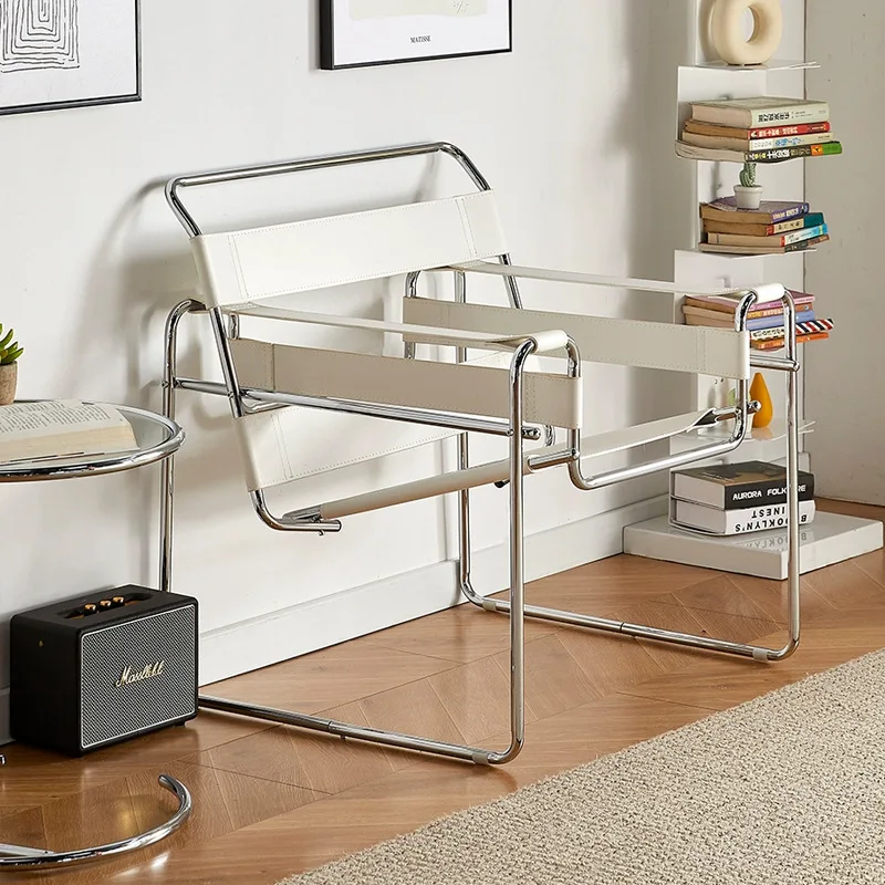 Internet celebrity photo single chair light luxury stainless steel saddle leather living room study chair