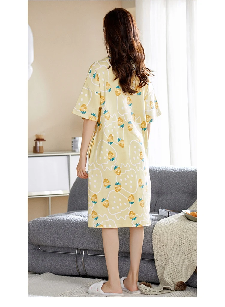 2024 Summer Short Sleeve Cotton Print Nightgowns for Women Korean Loose Sleepwear Night Dress Nightdress Home Nighty Night Wear