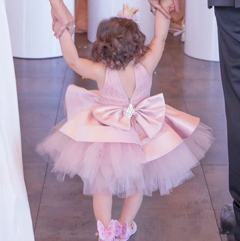 Lovely Pink Puffy Baby Girl Dress O Neck Tiered Tutu Outfit Little Princess Toddler First Birthday Party Gown with Bow