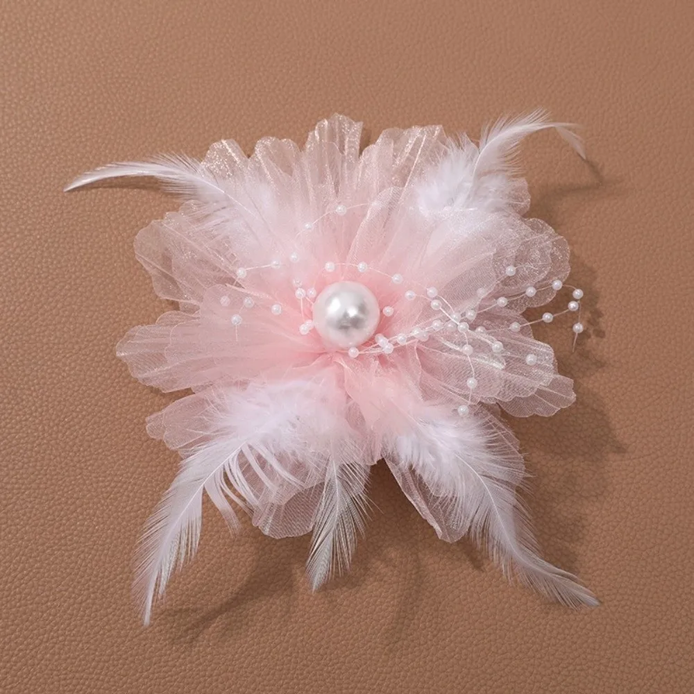 Pearl Embellishment Organza Flower Hair Clip Multi Use Design Feather Decor DIY Craft Hair Ornament Romantic Style