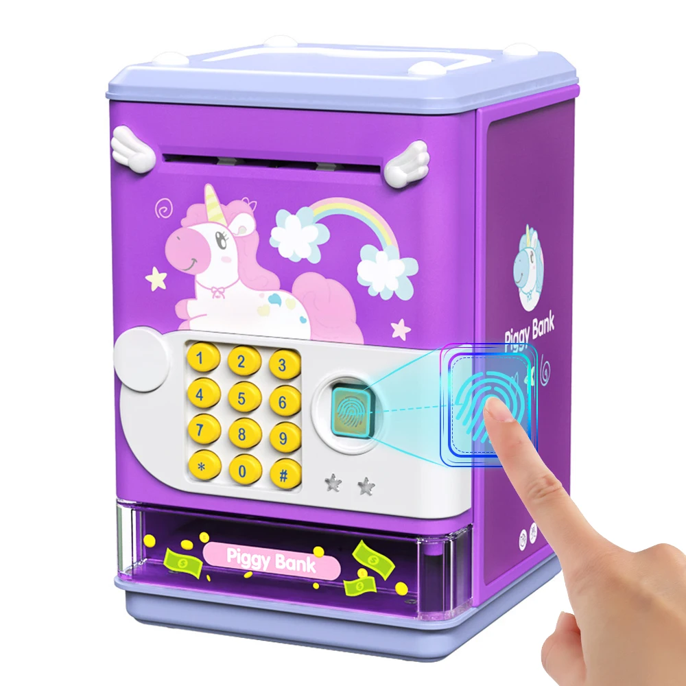 Piggy Bank Toy Electronic Mini ATM Savings Machine with Personal Password & Fingerprint Unlocking Simulation - Music Box with So