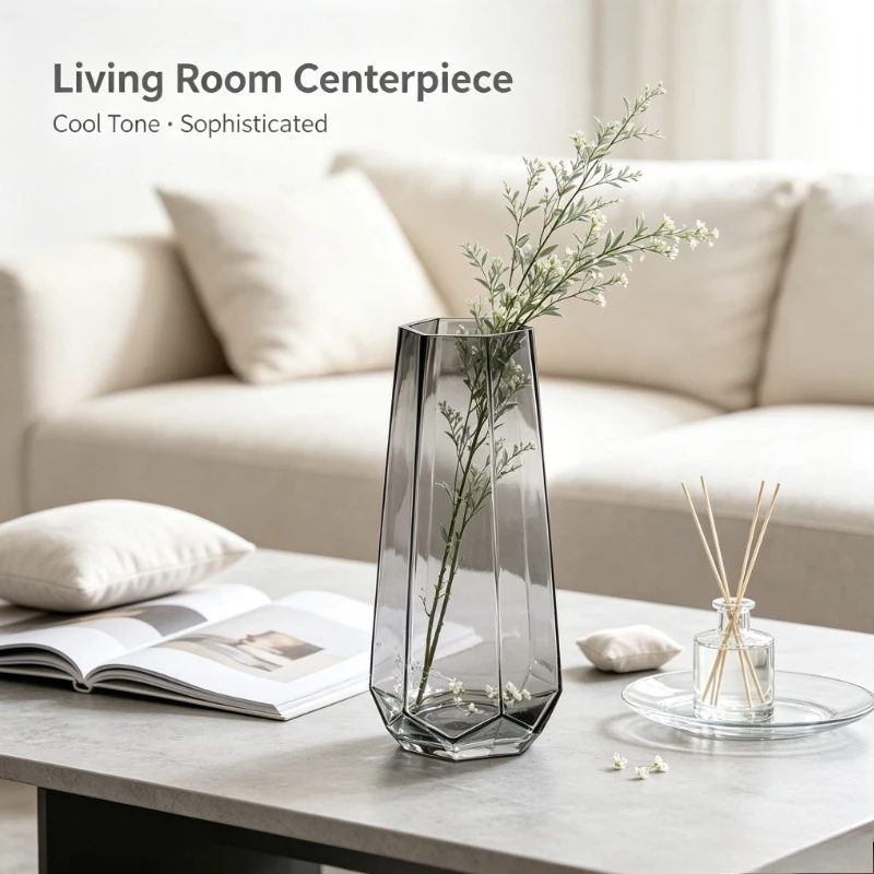 Nordic Smoked Glass Vase, Hexagonal Geometric Flower Holder for Home Table Decor & Hydroponics