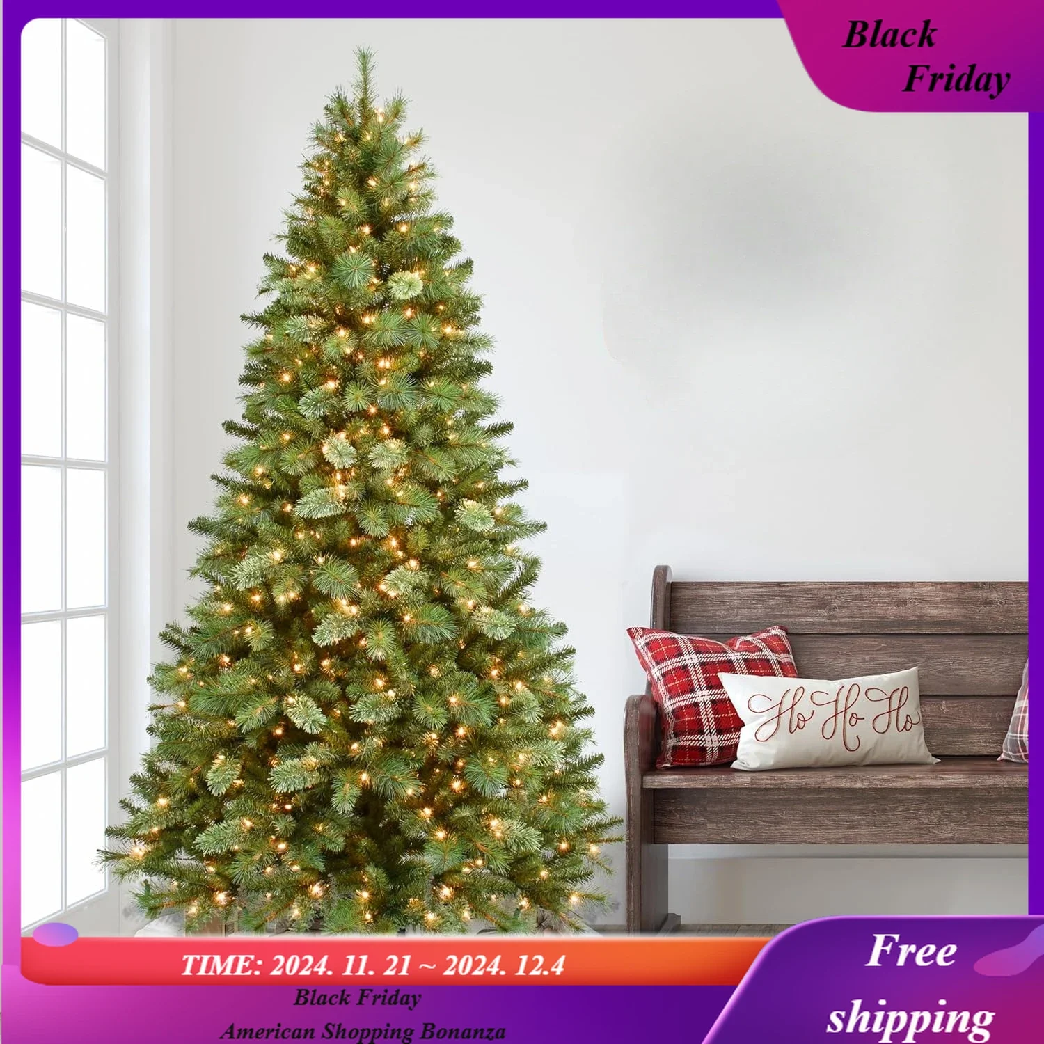 Foot Pre-Lit Teton Pine Artificial Christmas Tree with 600 Clear Lights, Green