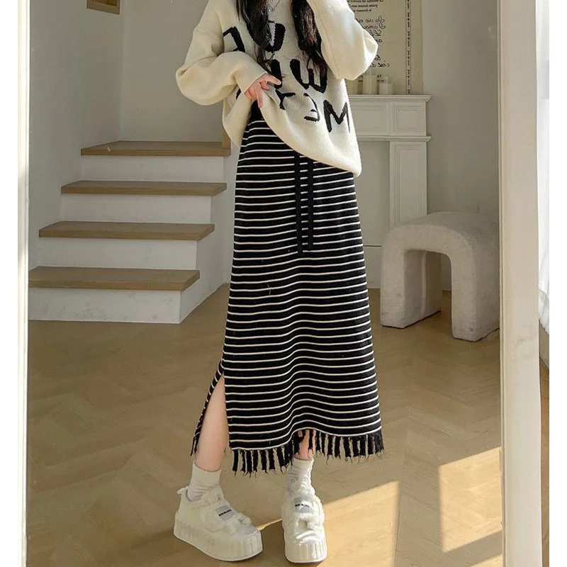 Skirts Women Mid Length Skirt Striped A Line Slim Fit Casual High Waist Elegant Splice Y2k Streetwear Work 2025 Autumn Winter