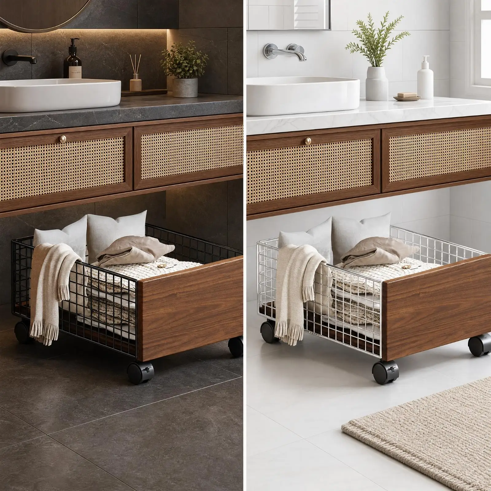 Portable Laundry Basket with Caster Wheels Wire Grid Wood Side Panels Storage Bin for Bedroom Bathroom Laundry Room