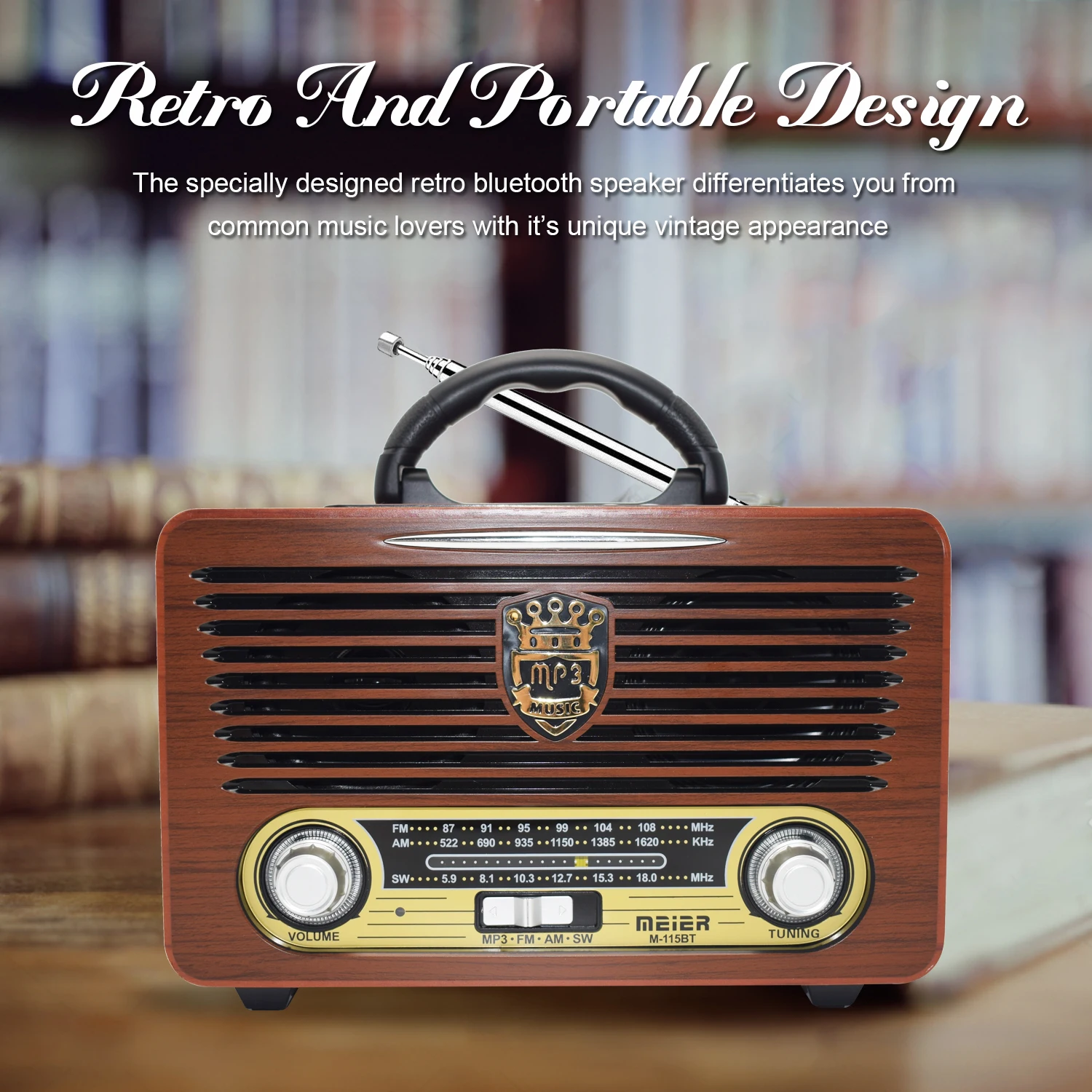 Meier Old Fashion Retro Desktop Radio Rechargeable Wood Case Vintage Style Wireless Speaker Am Fm Sw Radios with Remote Control