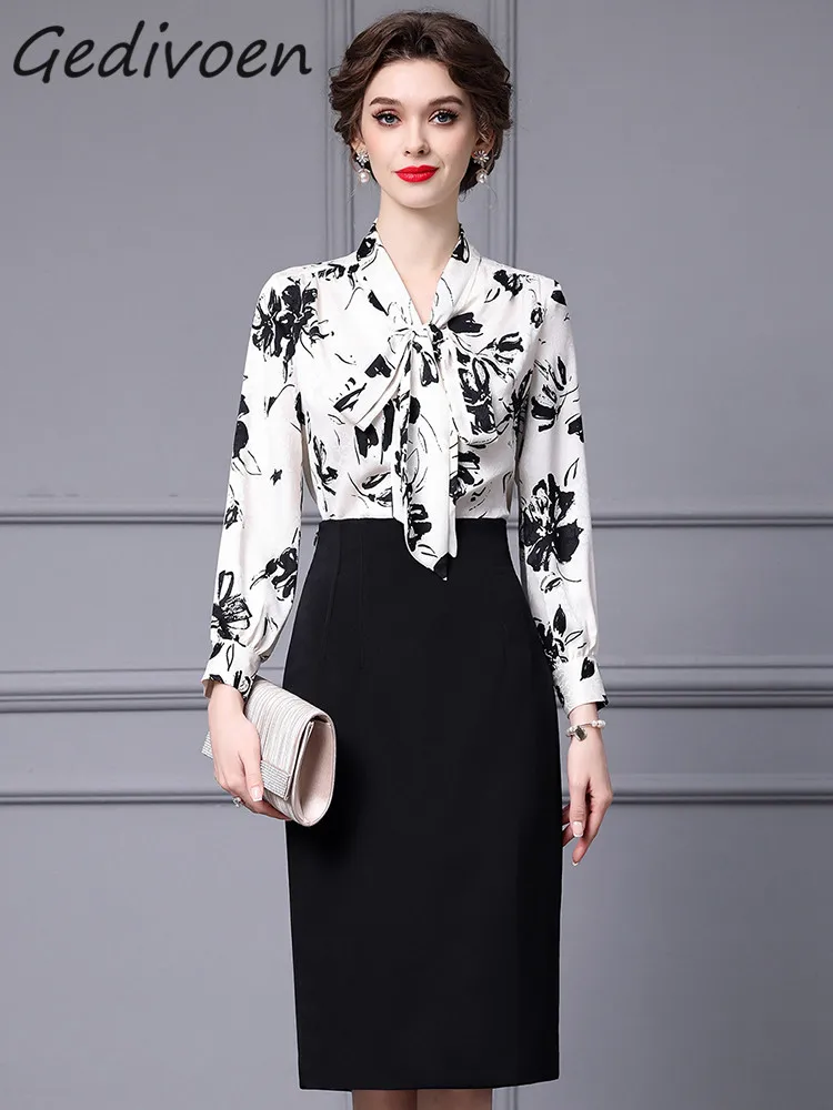 

Gedivoen Spring Fashion Designer Office Lady Print Dress Women Stand Collar Frenulum High Waist Package Buttocks Slim Long Dress