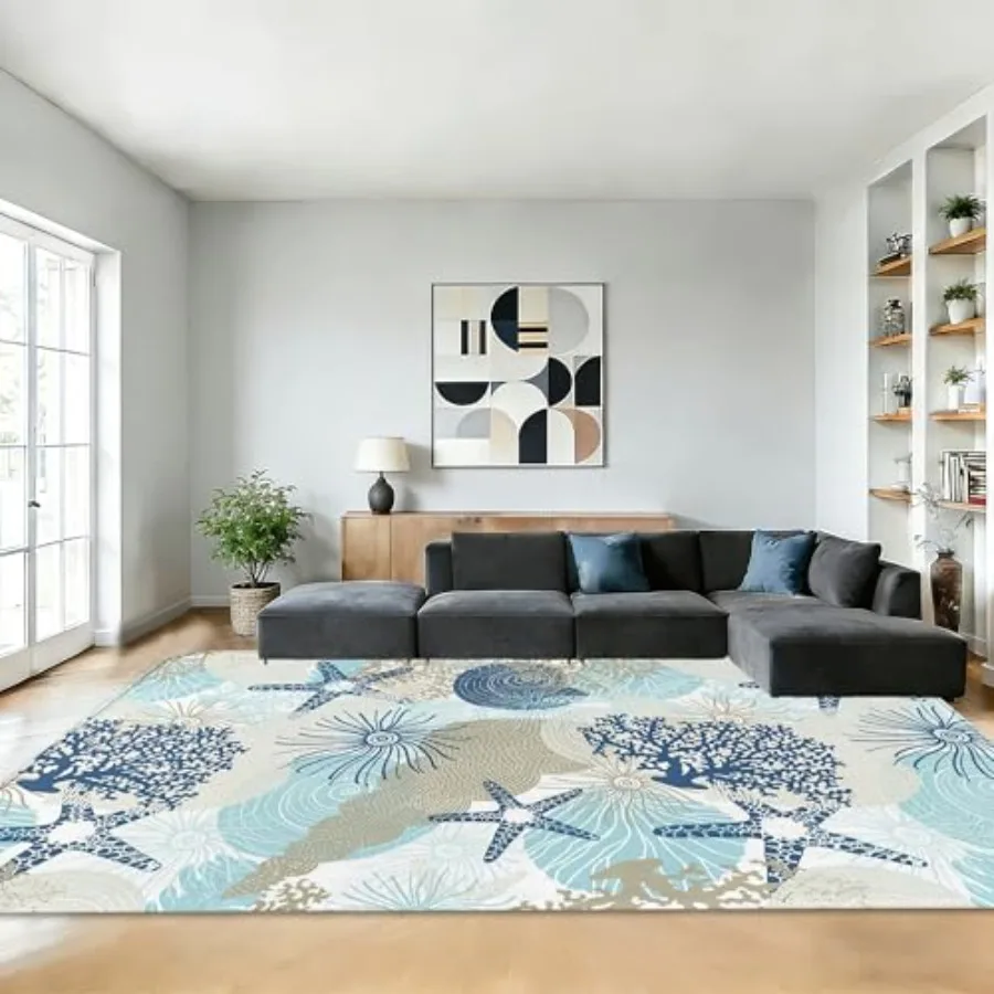 Area Rugs for Living Room 5x7Beach Coral Seashell Bedroom Rug Washable Non-Slip Soft Floor Big Carpets for Dining Room Nursery