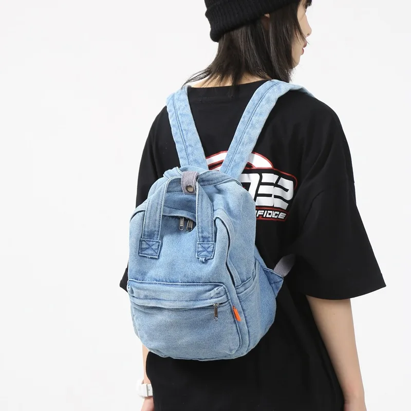 Retro Light Blue Washed Denim Mini Backpack Girls Small Multi Pocket Rucksack Casual Daily Travel School Shoulder Daypack