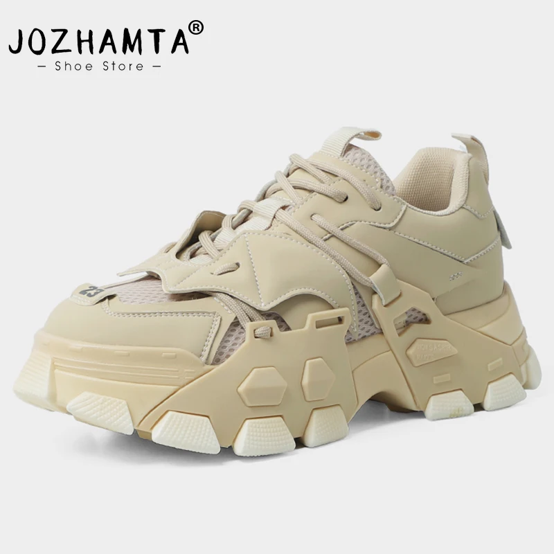 JOZHAMTA Size 35-40 Women Sneakers Real Leather 2023 Fashion High Heels Spring Shoes Woman Platform Casual Daily Lady Footwear