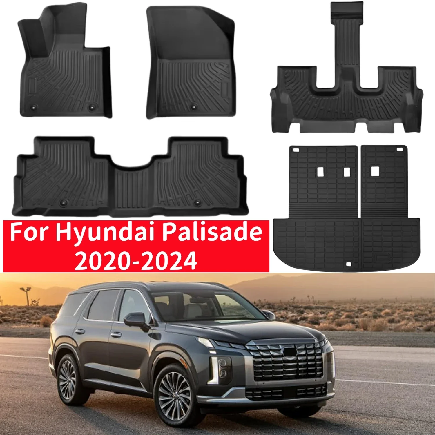 

TPE Floor Mats Custom for Hyundai Palisade 2020-2024, All Weather 3D Trunk Mat Cargo Liner TPE Back Seat Cover Protector