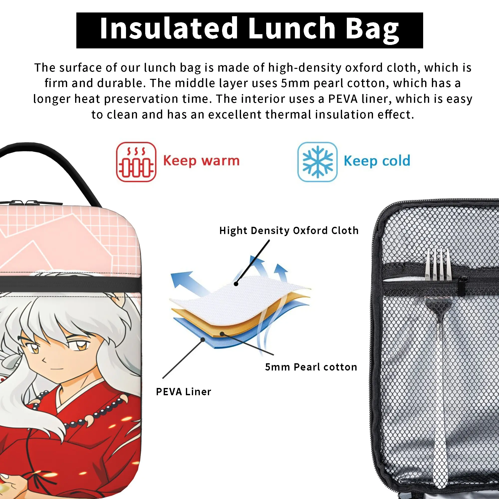 Inuyasha Kagome Higurashi Lunch Bag  School Lunch Box For Child Aesthetic Graphic Thermal Lunch Bags Oxford Portable Cooler Bag view 5
