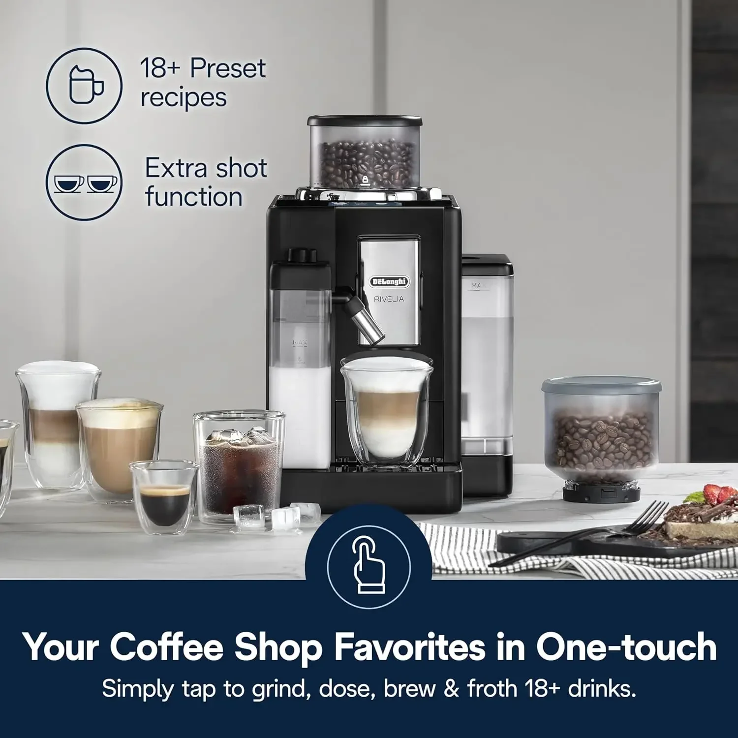 Frother – All-in-One Coffee Maker, Hot & Iced Latte, Cappuccino, Bean Switch System, Burr Grinder, Compact Italian Design, Black