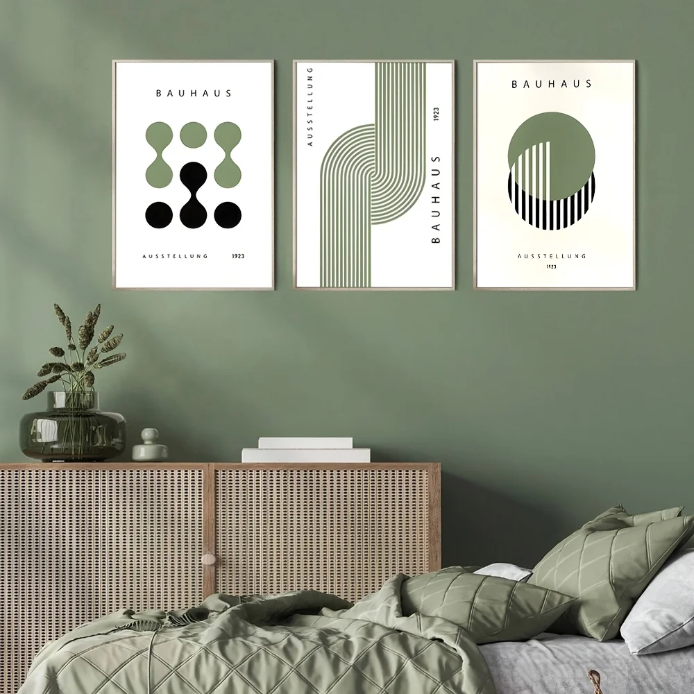 3 pièces/ensemble peinture de style Bauhaus minimaliste vert moderne sans cadre, affiche sur toile créative Art mural sur toile imperméable, œuvre d'art W