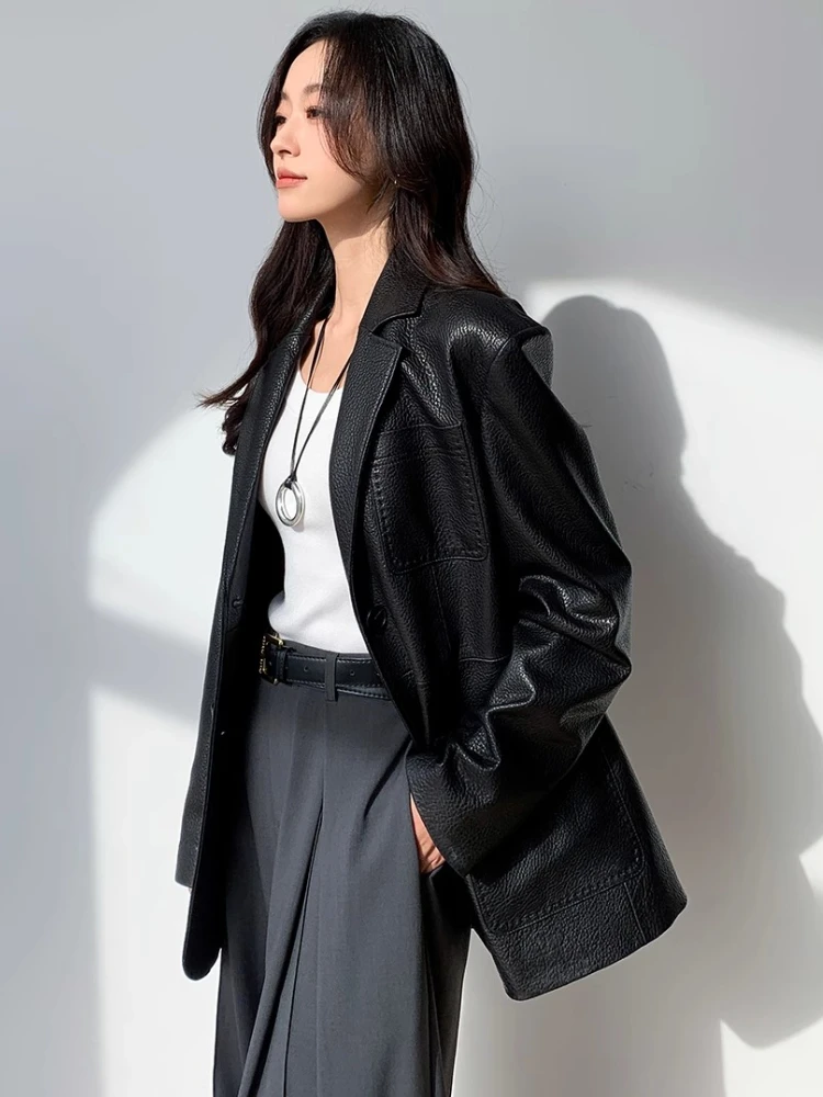 Mid-length Genuine Leather Blazer Jackets Women Spring Autumn 2025 New High-end Simple Lychee Texture Black Real Sheepskin Coat