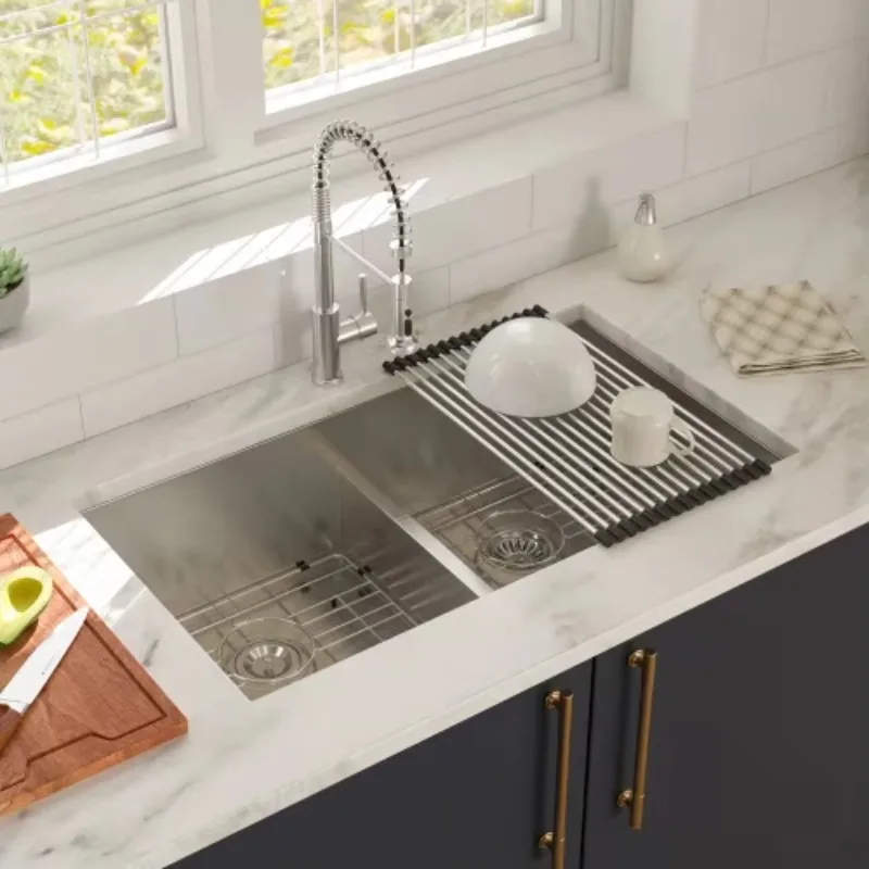 

ATV28x19 Inch American Style 304 Stainless Steel Kitchen Sink, Double Bowl With Drain Board Large Deep Bowl Undermount