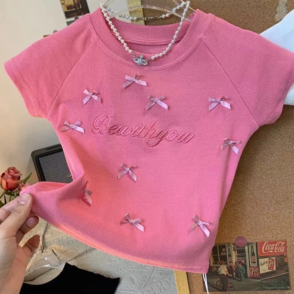 

Cute Bow Short Sleeve T-shirts for Kids Girls Summer O-Neck Bowknot Thin T-shirt Baby Girl Tops Children Clothes Tees 1-8Y