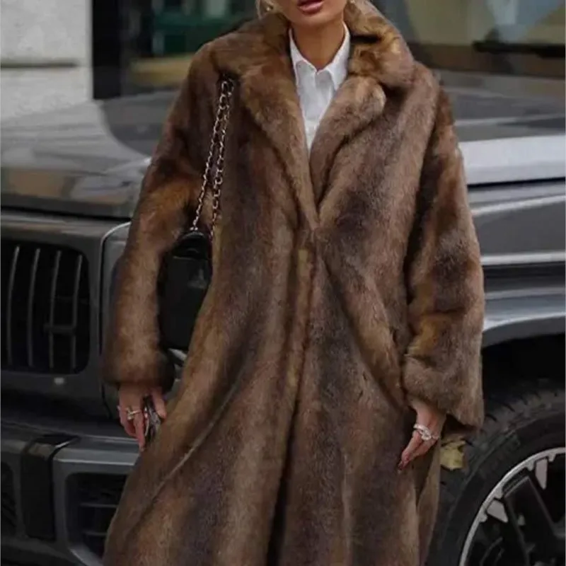 Abrigo de piel sintética de visón largo para mujer, abrigo cálido de invierno de piel sintética de felpa gruesa, chaqueta resistente al viento y al frío estilo callejero