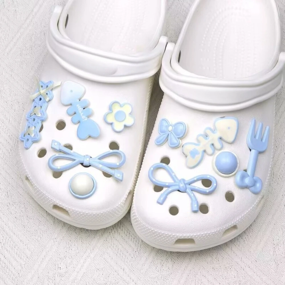 10pcs Blue Bow Shoe Charms Sandals Shoes Decoration Slipper Accessories for Girls Hole Shoes DIY Gift