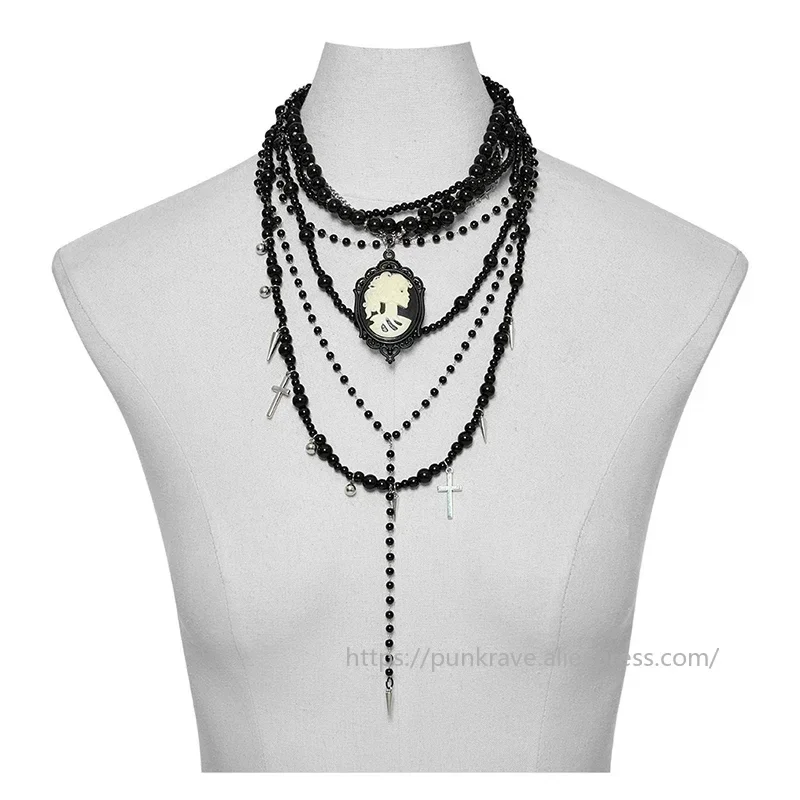 PUNK RAVE Women's Goth Skull Cameo Pendants Cross Multi Layers Necklace Exquisite Glass Bead Chains Party Club Accessories view 4